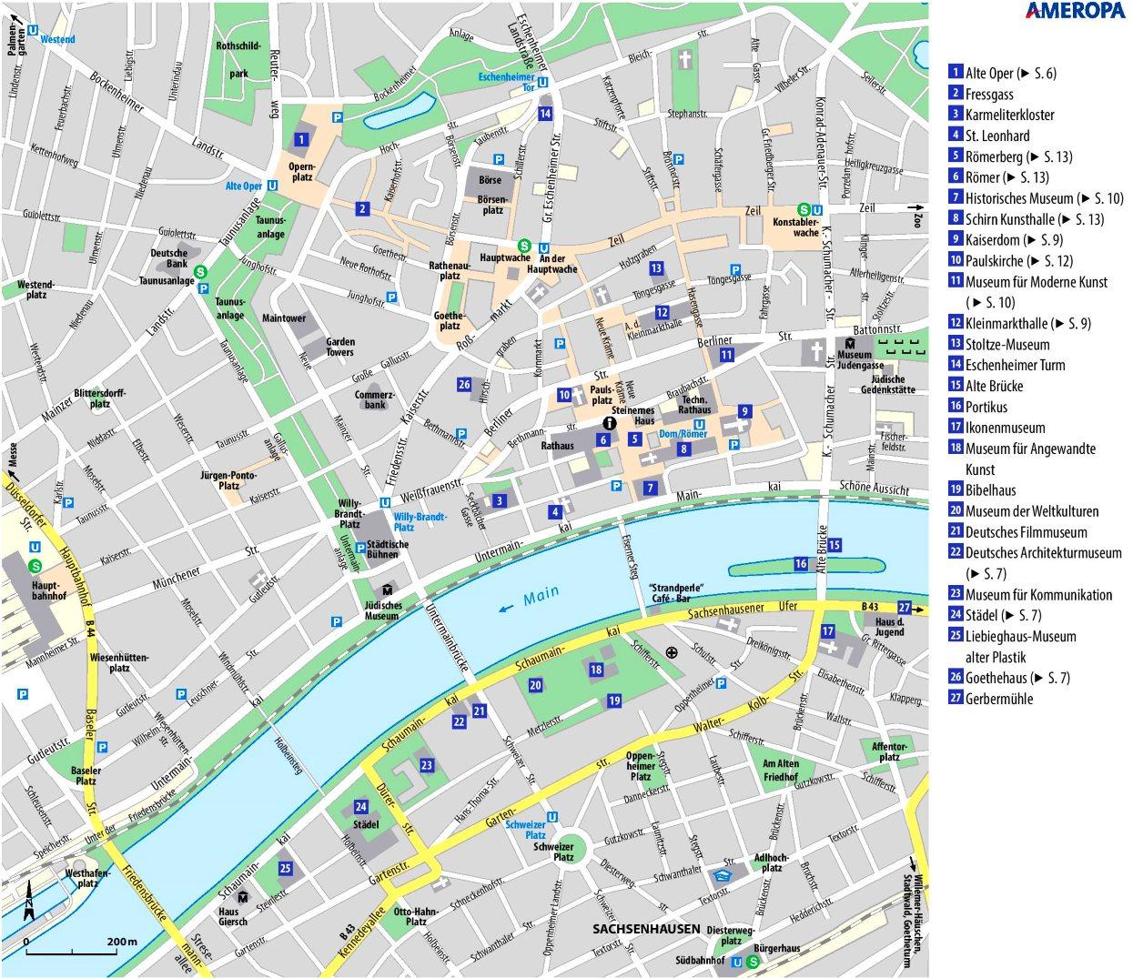 Map of Frankfurt tourist: attractions and monuments of Frankfurt